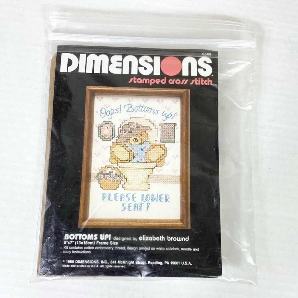 Vintage 1989 Dimensions Bottoms Up! Teddy Bear Toilet Stamped Crossstitch Kit